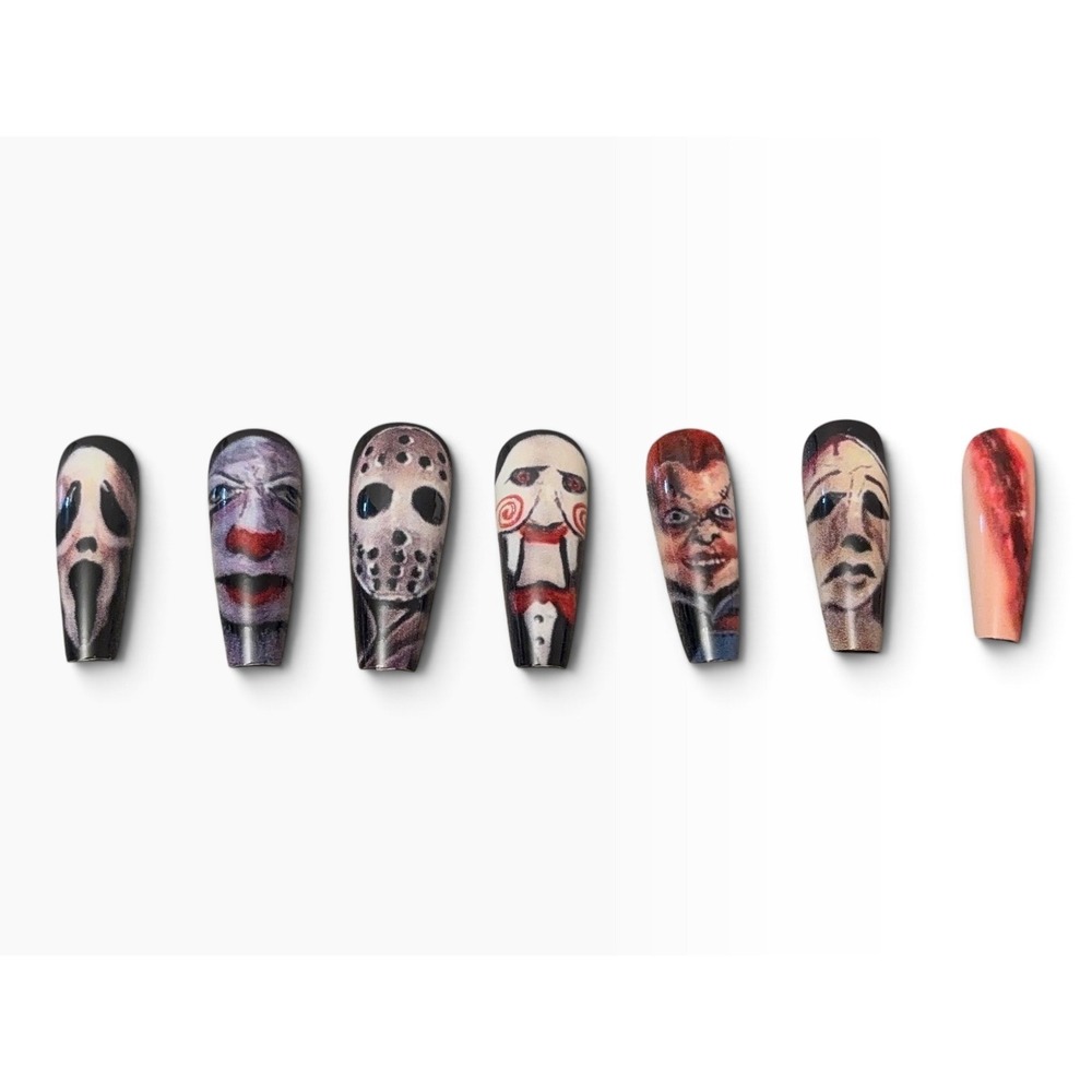 Horror Movie Character Press On Nails 24pc Halloween Slasher Villains Coffin